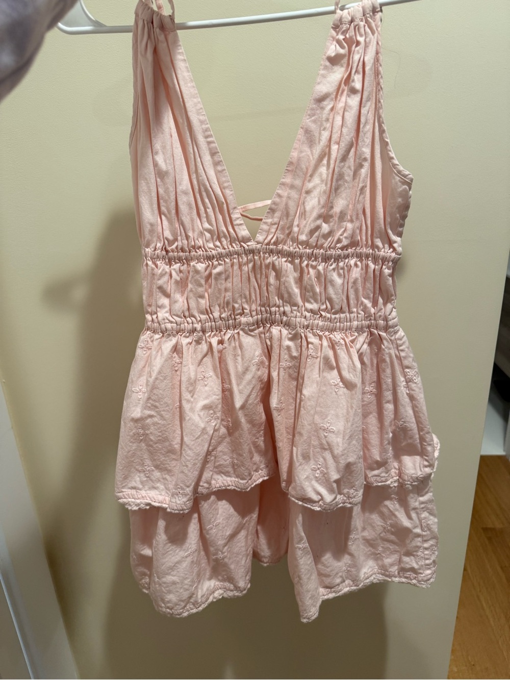 Tularosa Blush Pink Eyelet Tiered Mini Dress with Crisscross Straps - Picture 4 of 5